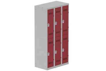 [Pas de famille] - [Pas de sous famille] - Vestiaire multicases 3 colonnes L,30cm 2 cases (fermeture cadenas) H,180xL,90xP,50cm coffre gris clair/portes rouge