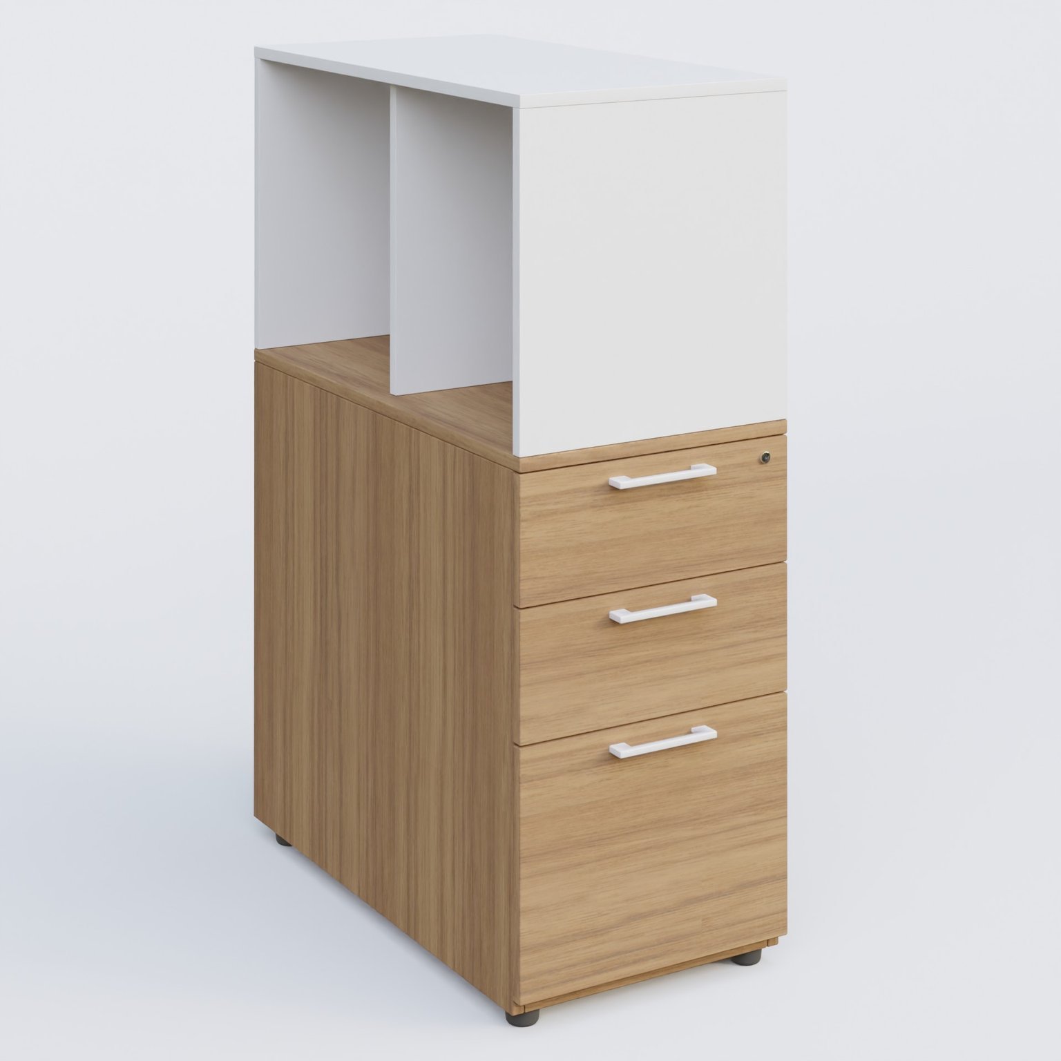 Caisson HB 3 tiroirs avec niche. Caisson Noyer et niche blanche.