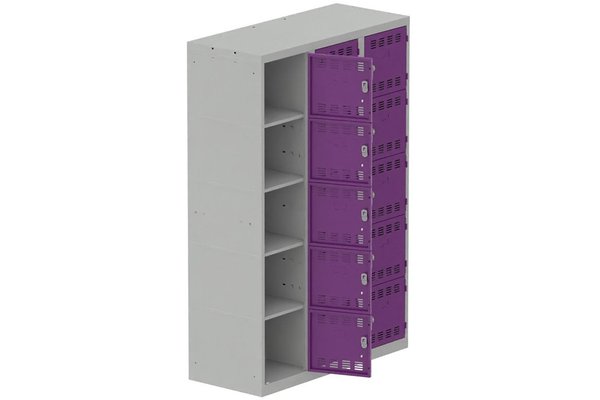 [Pas de famille] - [Pas de sous famille] - Vestiaire multicases 3 colonnes L,40cm 5 cases (fermeture cadenas) H,180xL,120xP,50cm coffre gris clair/portes prune