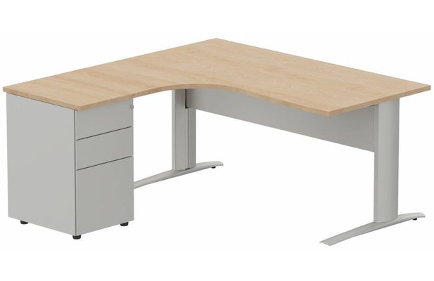 Gamme K1 - Plans compacts - K1 VDF METAL Compact 90° asymétrique 180x162x80/60cm retour à gauche avec caisson HB métal 3 tiroirs hêtre/aluminium