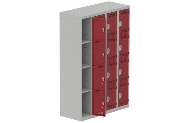 [Pas de famille] - [Pas de sous famille] - Vestiaire multicases 4 colonnes L,30cm 4 cases (fermeture cadenas) H,180xL,120xP,50cm coffre gris clair/portes rouge