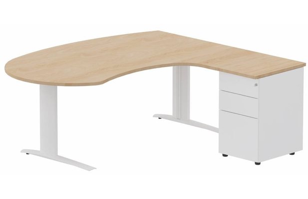 Gamme K1 - Plans compacts - K1 POUTRE compact 90° manager 190x141x104x60cm sur caisson HB métal 3 tiroirs, plateau hêtre, structure blanc