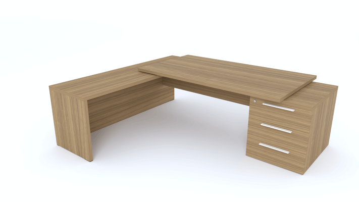 Gamme X5 - Tables de Bureau avec retour - X5 Ensemble de bureau 230x200cm : table 180x90cm avec retour mur et caisson débordant 60x200cm /noyer poignées blanches