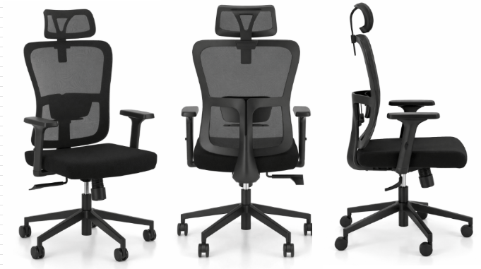 [Pas de famille] - [Pas de sous famille] - Fauteuil de Travail GABY avec tétiere réglable,Haut dossier avec support lombaire réglable en hauteur, assise réglable en Hauteur, mécanisque synchrone, avec accotoirs 2D resille Noir et tissu Noir 