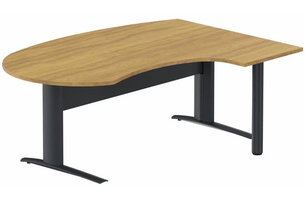 Gamme K1 - Plans compacts - K1 Voile de fond Métal - Plan compact 90° asymétrique Manager 190x141x104/60cm sur pied de soutien - retour à droite -Finitions : PLATEAUX: NOYER (NO) / PIETEMENTS: ANTHRACITE (AN)