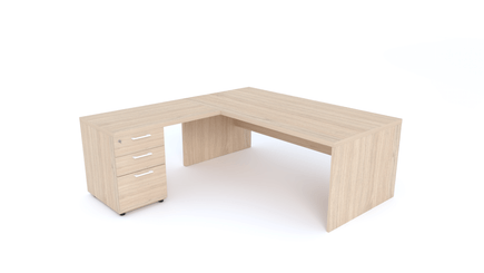 Gamme X5 - Tables de Bureau avec retour - X5- Plan Manager 180x90cm avec retour 100x60cm sur caisson hauteur bureau 3 tiroirs (encombrement 180x190cm) -Finitions = Plateau : Chêne (CE) / Caisson : Chêne (CE) / Piètements : Chêne (CE), poignées blanches