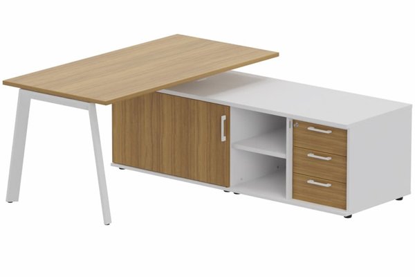 Gamme K8 - Plans droits - K8 Plan 180x80 avec meuble porteur (L180xP64) avec caisson 3T intégré - meuble à droite - Finitions = Plateau et top de finition : Noyer (NO) /Piétement :Blanc (BL) / Corps du meuble : Blanc (BL) /Façade : Noyer (NO)