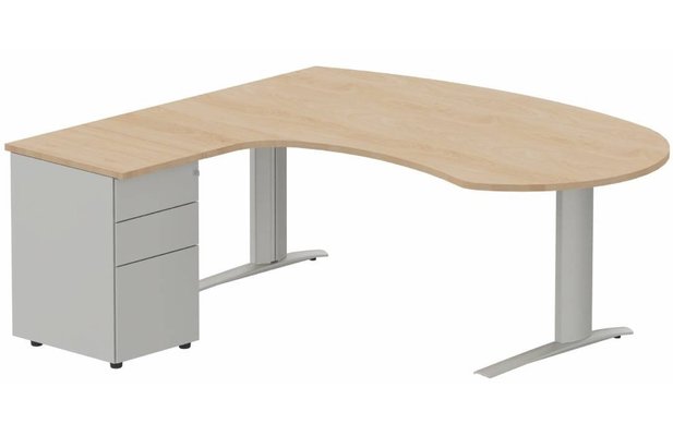 Gamme K1 - Plans compacts - K1 POUTRE compact 90° manager 190x141x104x60cm sur caisson HB métal 3 tiroirs, plateau hêtre, structure aluminium