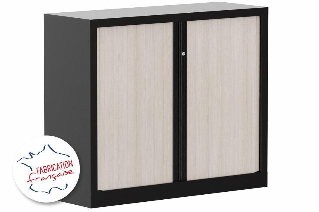 Armoire à rideaux H100xL120cm 2 tablettes coffre noir / rideaux acacia