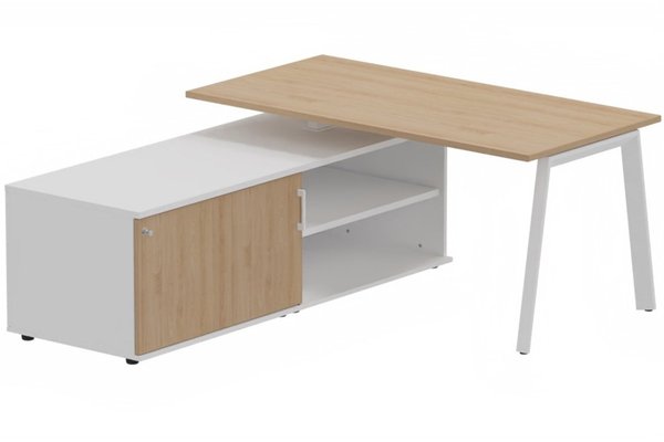 Gamme K8 - Plans droits - K8 Plan 180x80 avec meuble porteur (L180xP64) sans caisson - meuble à gauche -Finitions = Plateau et top de finition : Hêtre / Piétement :Blanc (BL) / Corps du meuble : Blanc /Façade : Hêtre