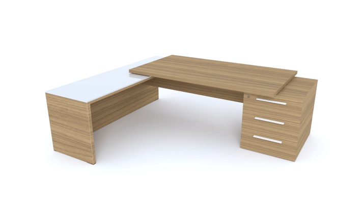 Gamme X5 - Tables de Bureau avec retour - X5- Plan Manager 200x100cm sur caisson XXL 3 tiroirs avec retour mur débordant top verre (encombrement 256x200cm) Finitions = Plateau : noyer /Plateau : Verre (VB)/ Caisson: noyer