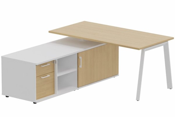 Gamme K8 - Plans droits - K8 Plan 180x80 avec meuble porteur (L180xP64) avec caisson 2T dont 1 DS intégré - meuble à gauche - Finitions = Plateau et top de finition : Chêne (CE) /Piétement :Blanc (BL) / Corps du meuble et séparation : blanc /Façade : Chêne (CE)