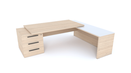 Gamme X5 - Tables de Bureau avec retour - X5- Plan Manager 200x100cm sur caisson XXL 3 tiroirs avec retour mur débordant top verre (encombrement 256x200cm) Finitions = Plateau : Chêne (CE) /Plateau : Verre (VB)/ Caisson: Chêne (CE)
