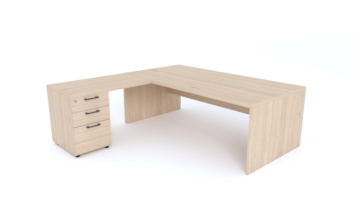 Gamme X5 - Tables de Bureau avec retour - X5- Plan Manager 200x100cm avec retour 100x60cm sur caisson hauteur bureau 3 tiroirs (encombrement 200x200cm) -Finitions = Plateau : Chêne (CE) / Caisson : Chêne (CE) / Piètements : Chêne (CE), poignées noires