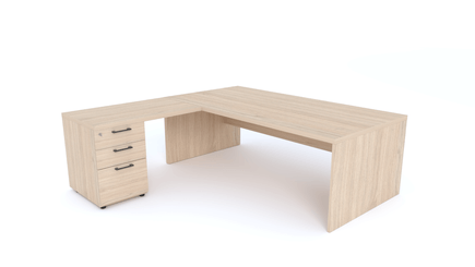 Gamme X5 - Tables de Bureau avec retour - X5- Plan Manager 200x100cm avec retour 100x60cm sur caisson hauteur bureau 3 tiroirs (encombrement 200x200cm) -Finitions = Plateau : Chêne (CE) / Caisson : Chêne (CE) / Piètements : Chêne (CE), poignées noires