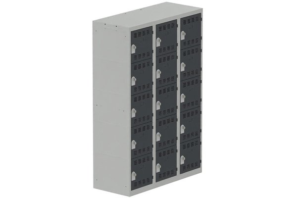 VESTIAIRES MULTICASES - 3 Colonnes - Vestiaire multicases, 3 colonnes L.120cm/15 cases, coffre gris clair/portes anthracite