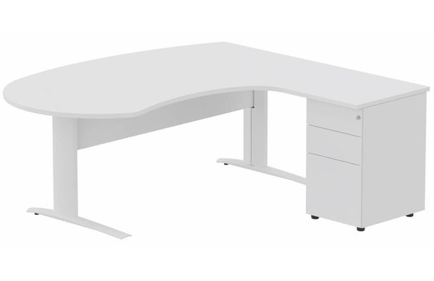 Gamme K1 - Plans compacts - K1 VDF métal compact 90° manager 190x141x104x60cm sur caisson HB métal 3 tiroirs, plateau blanc, structure blanc