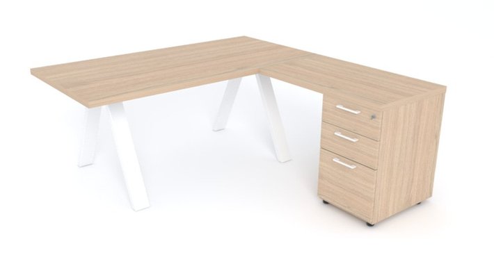 Gamme X3 - Manager - X3 Plan Manager 200x100cm + retour 100x60cm sur caisson hauteur de bureau 3 tiroirs (encombrement 200x200cm)