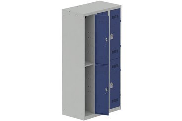 VESTIAIRES MULTICASES - 3 Colonnes - Vestiaire multicases, 3 colonnes L.90 cm/6 cases, coffre gris clair/portes bleu foncé