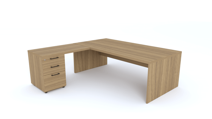 Gamme X5 - Tables de Bureau avec retour - X5- Plan Manager 200x100cm avec retour 100x60cm sur caisson hauteur bureau 3 tiroirs (encombrement 200x200cm) -Finitions = Plateau :noyer / Caisson : noyer / Piètements : noyer