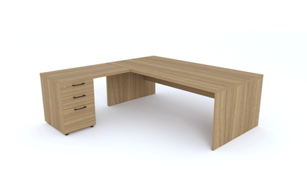 Gamme X5 - Tables de Bureau avec retour - X5- Plan Manager 200x100cm avec retour 100x60cm sur caisson hauteur bureau 3 tiroirs (encombrement 200x200cm) -Finitions = Plateau :noyer / Caisson : noyer / Piètements : noyer