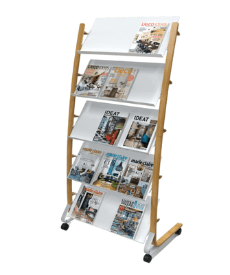 CLASSEMENTS - Modules  - Présentoir sur roulettes comprenant 5 étagères blanc et bois L,83x52xHt165