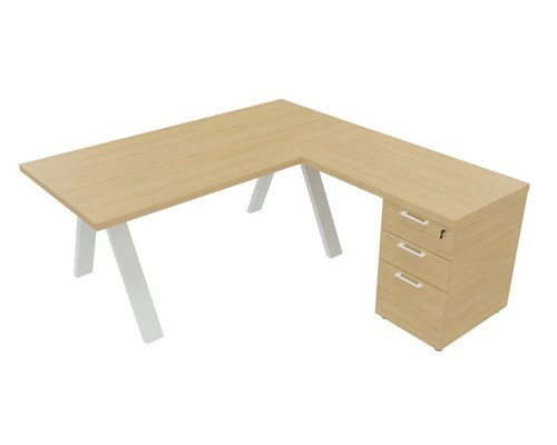 [Pas de famille] - [Pas de sous famille] - X3 Plan Manager 180*90cm + retour 100x60cm sur caisson hauteur de bureau 3 tiroirs (encombrement 180x190cm). Plateau, caisson Chêne clair et pietement Blanc.