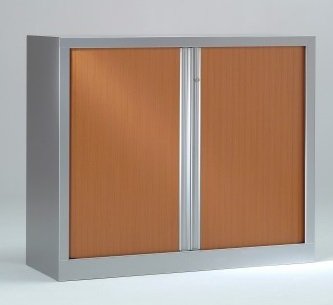 Armoire à rideaux H100xL120cm 2 tablettes coffre aluminium / rideaux merisier