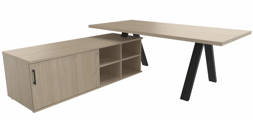 Gamme X3 - Manager - X3 Plan Manager 200x100 avec meuble porteur (L180xP64) sans caisson - meuble à gauche - Finitions = Plateau : Chêne (CE) / Piètements : Noir (NR) / Meuble porteur : Chêne (CE)