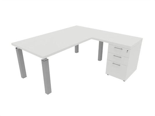 [Pas de famille] - [Pas de sous famille] - X4 Ensemble de bureau 180x90cm + retour 60x100cm sur caisson porteur bois 3 tiroirs blanc / alu - sur délai