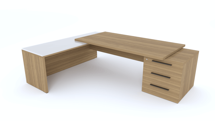 Gamme X5 - Tables de Bureau avec retour - X5- Plan Manager 200x100cm sur caisson XXL 3 tiroirs avec retour mur débordant top verre (encombrement 256x200cm) Finitions = Plateau : noyer /Plateau : Verre (VB)/ Caisson: noyer