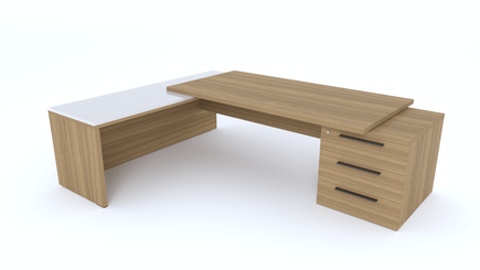 Gamme X5 - Tables de Bureau avec retour - X5- Plan Manager 200x100cm sur caisson XXL 3 tiroirs avec retour mur débordant top verre (encombrement 256x200cm) Finitions = Plateau : noyer /Plateau : Verre (VB)/ Caisson: noyer
