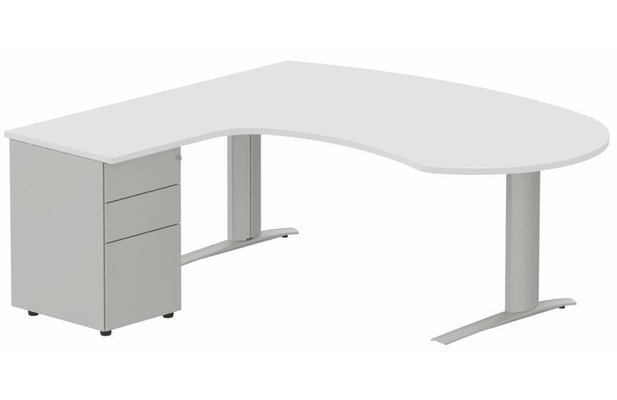 Gamme K1 - Plans compacts - K1 POUTRE compact 90° manager 190x141x104x60cm sur caisson HB métal 3 tiroirs, plateau blanc, structure aluminium