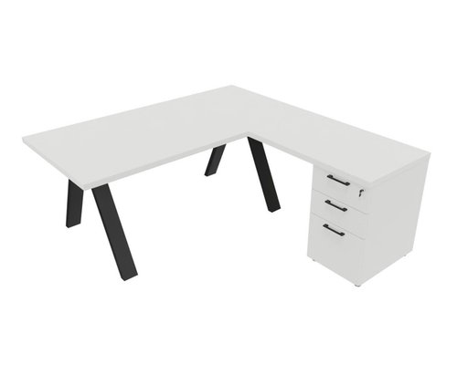 [Pas de famille] - [Pas de sous famille] - X3 Plan Manager 180*90cm + retour 100x60cm sur caisson hauteur de bureau 3 tiroirs (encombrement 180x190cm). Plateau, caisson Blanc et pietement Noir.