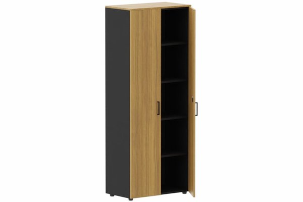 ARMOIRES PORTES BATTANTES - Mélaminés - Armoire mélamine H196xL100cm portes bois, Finitions= Top de finition : noyer / Corps d'armoire et tablettes : noir / Façade :noyer