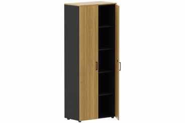 ARMOIRES PORTES BATTANTES - Mélaminés - Armoire mélamine H196xL100cm portes bois, Finitions= Top de finition : noyer / Corps d'armoire et tablettes : noir / Façade :noyer