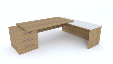 Gamme X5 - Tables de Bureau avec retour - X5- Plan Manager 200x100cm sur caisson XXL 3 tiroirs avec retour mur débordant top verre (encombrement 256x200cm)  -Finitions = Plateau : noyer /Plateau : Verre (VB)/ Caisson: noyer