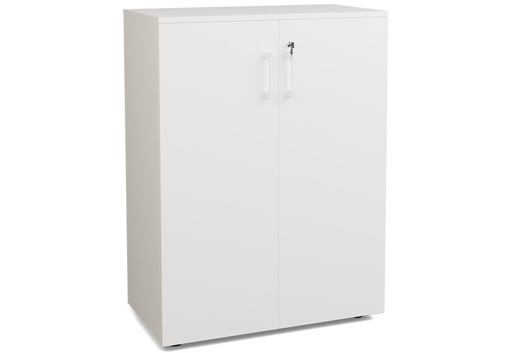 Armoire mélamine H102xL120cm portes bois, Top de finition : blanc / Corps d'armoire et tablettes : blanc / Façade :blanc /Poignée Blanche (B)