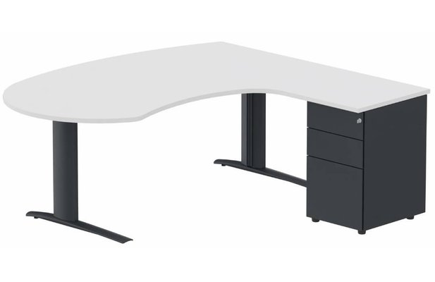 Gamme K1 - Plans compacts - K1 POUTRE compact 90° manager 190x141x104x60cm sur caisson HB métal 3 tiroirs, plateau blanc, structure anthracite