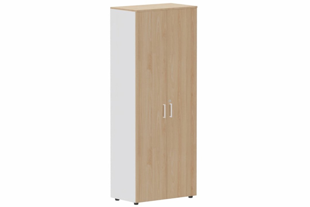 Armoire mélamine H196xL100cm portes bois, Finitions= Top de finition : hêtre / Corps d'armoire et tablettes : blanc / Façade : hêtre