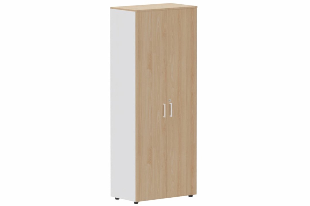 Armoire mélamine H195 xL80cm portes bois -Finitions= Top de finition : Hêtre / Corps d'armoire et tablettes : blanc / Façade : Hêtre