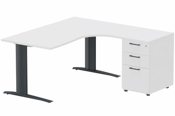 Gamme K1 - Plans compacts - k1 Poutre - Plan compact 90° asymétrique 180x162x80 / 60cm avec caisson HB bois 3 tiroirs - retour à droite -Finitions : PLATEAUX: BLANC (BL) / PIETEMENTS: ANTHRACITE (AN) / CAISSONS MELAMINE: BLANC (BL)