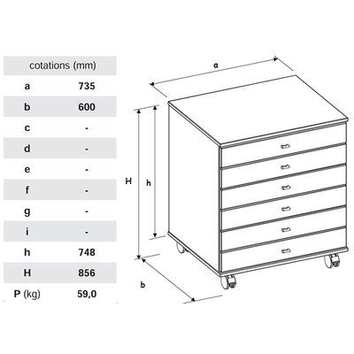 SCOLAIRE - Decouvrir - Meuble PICCOLO mobile 6 tiroirs - L73,5xP60xH85,6 cm