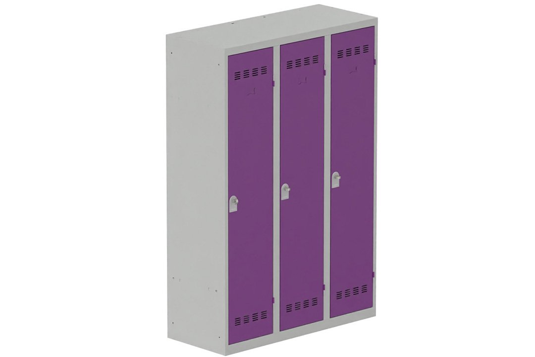 Vestiaire industrie salissante 3 portes (fermeture cadenas) H180xL120xP50cm coffre gris clair/ porte(s) prune