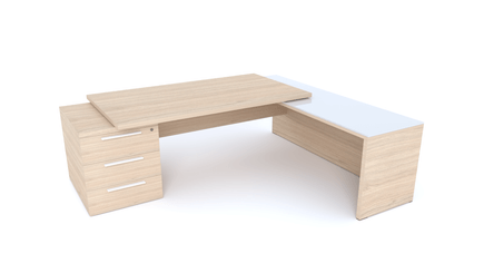 Gamme X5 - Tables de Bureau avec retour - X5- Plan Manager 200x100cm sur caisson XXL 3 tiroirs avec retour mur débordant top verre (encombrement 256x200cm)  -Finitions = Plateau : Chêne (CE) /Plateau : Verre (VB)/ Caisson: Chêne (CE)