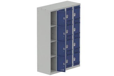VESTIAIRES MULTICASES - 4 Colonnes - Vestiaire multicases, 4 colonnes L.120cm/16 cases, coffre gris clair/portes bleu foncé