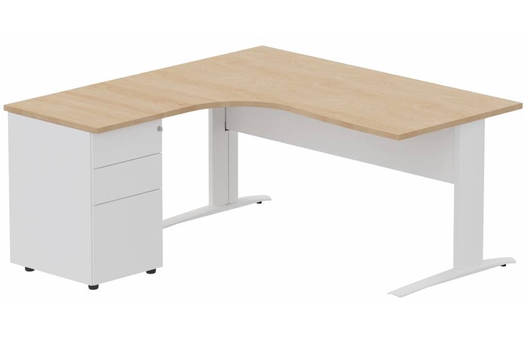K1 VDF METAL Compact 90° asymétrique 180x162x80/60cm retour à gauche avec caisson HB métal 3 tiroirs hêtre/blanc