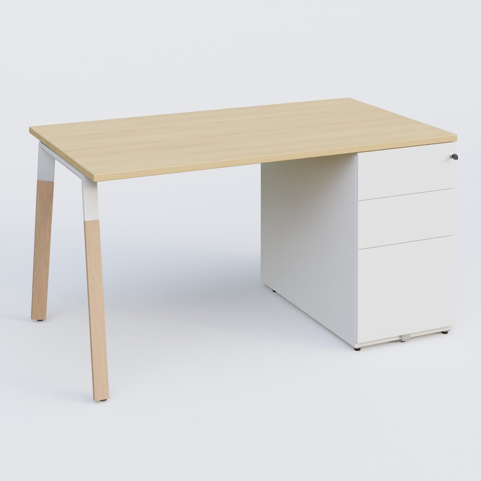 K8 WOOD Plan 140x80 avec caisson porteur en métal. Plateau chêne et caisson blanc.