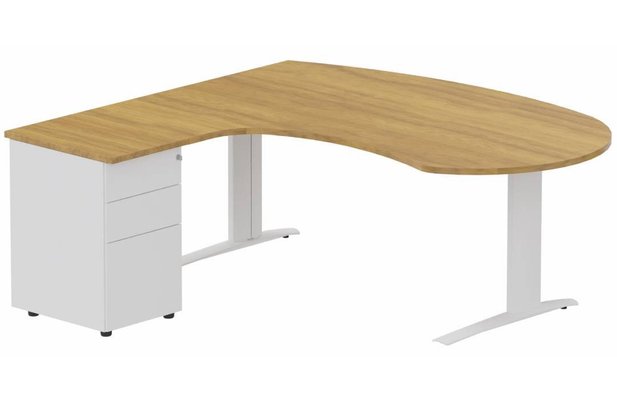 Gamme K1 - Plans compacts - k1 Poutre - Plan compact 90° asymétrique Manager 190x183x104 / 60cm avec caisson HB métal 3 tiroirs - retour à gauche -Finitions : PLATEAUX: NOYER (NO) / PIETEMENTS: BLANC (BL) / CAISSONS METALLIQUES: BLANC (BL)