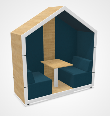 ALCOVE ACOUSTIQUE - Phones Boxes - COTTAGE DUO "avec fond" revêtu de tissu avec table plateau blanc épaisseur 18mm, murs extérieurs en pin, banquettes intégrées, murs intérieurs et fond en tissu, L.210xP.78xH.228cm, 4 roulettes dont 2 avec frein